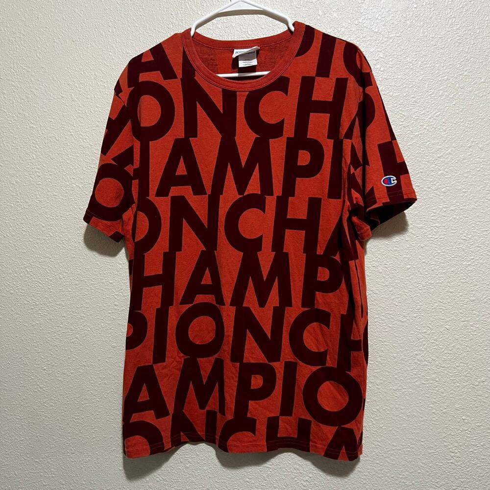 Champion Heritage red orange all over script crewneck short sleeve tee shirt L